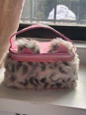 Light Pink Fluffy Small Makeup/ Toiletries Storage Bag with Handle and Cat Ears